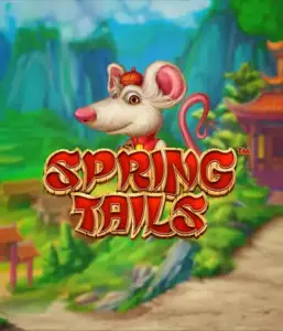 An enchanting illustration of a mouse dressed in traditional Chinese attire positioned in front of a picturesque mountain backdrop. The image promotes the Spring Tails game by Betsoft, highlighted with striking red and gold logo lettering.