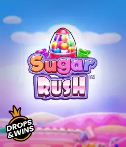 Experience the delightful world of the Sugar Rush slot game by Pragmatic Play, with a colorful candy dispenser against a whimsical background of candyland. This graphic portrays the fun and excitement of the game, highlighted with bright candies and engaging typography. Great for players seeking a sweet adventure, promising endless entertainment. 